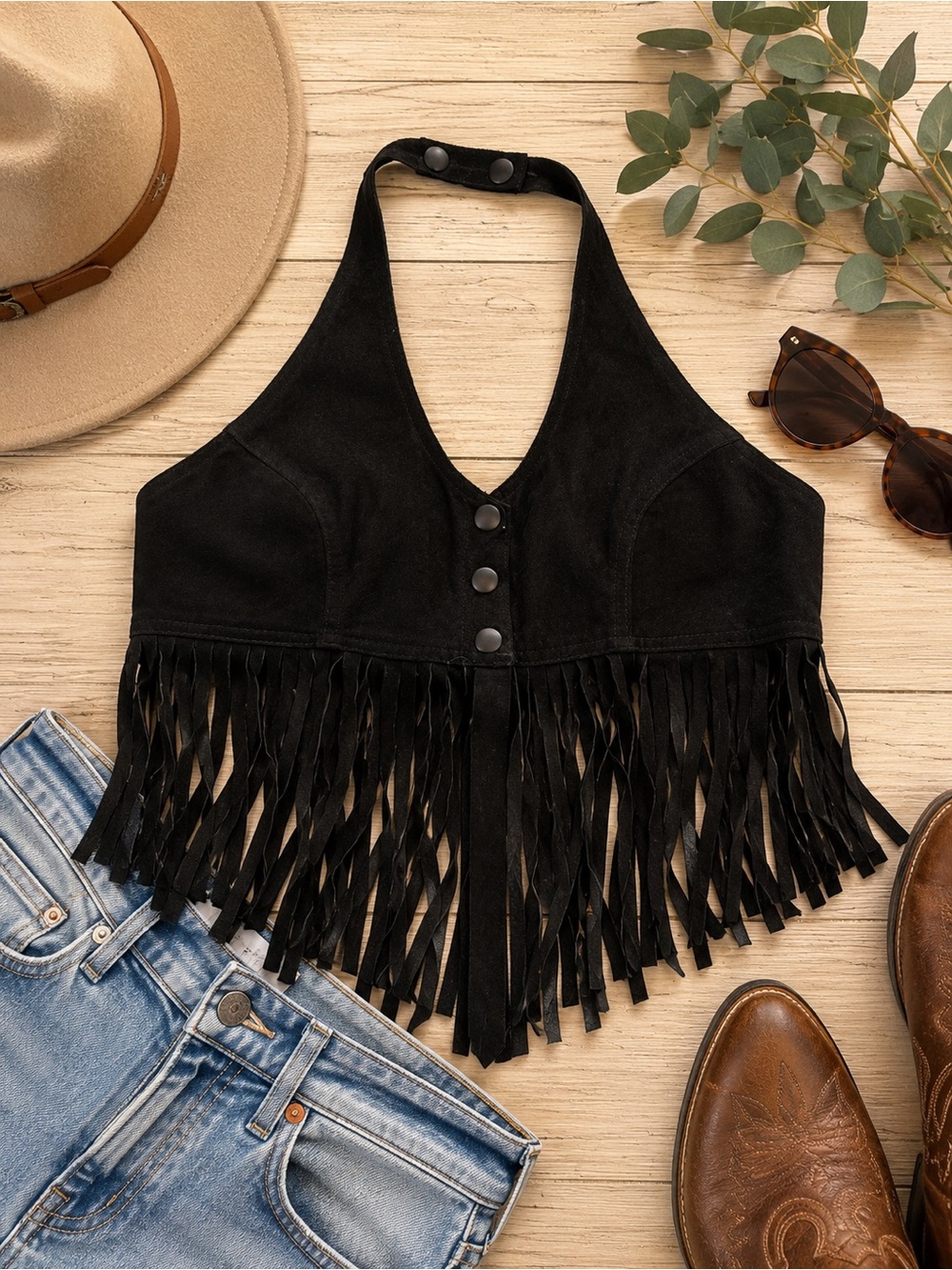 Vintage Black Suede Fringe Halter Top | Made in USA | 100% Suede | Size Medium